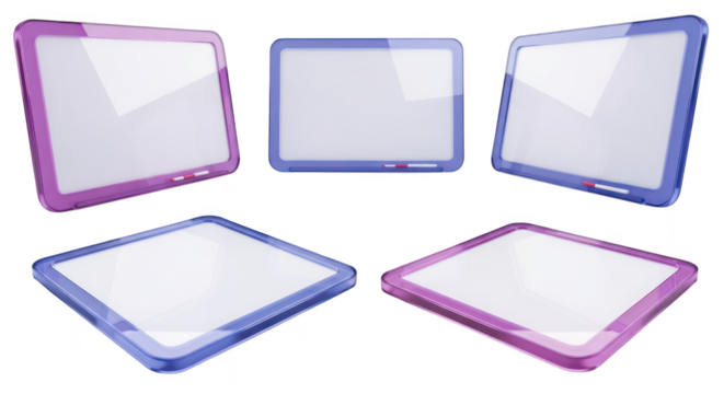 Colorful tablet devices displaying blank screens arranged at different angles on a white backdrop showcasing mock-up templates for digital content