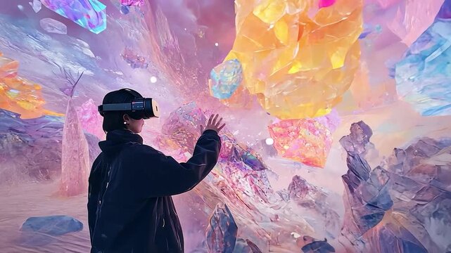 Person wearing VR headset, experiencing digital landscape