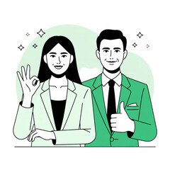 Minimalist flat line art of two business professionals in a friendly pose