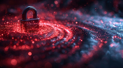 A dark, dramatic image of a metal padlock, surrounded by swirling, glowing red and blue particles.