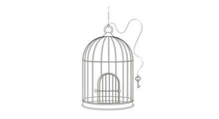Empty hanging birdcage with floating key on white background