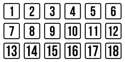 Set of 1 to 18 numbers simple design isolated. Typography set of Round 1 to 18 numbers. Numeral typographic flat icons set. Minimal Outline Number Icons Set 1–18 in Rectangular Shape.