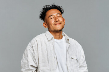 Fototapeta premium Relaxed East‑Asian Office Worker Mid‑Exhale – Studio Copy‑Space Portrait