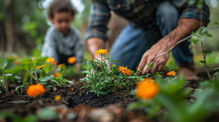 A father and child planting flowers in a garden.  A close-up view of their hands working in the soil, surrounded by vibrant yellow flowers.  The child is focused on the task.