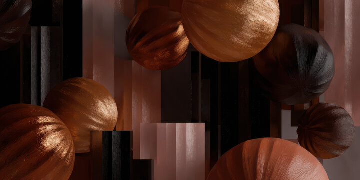 Abstract spheres with metallic textures float among vertical bars