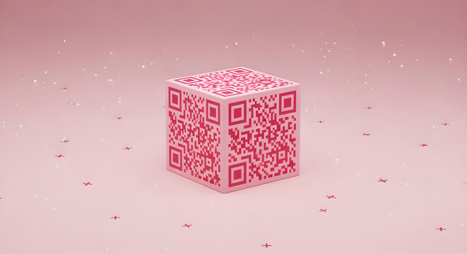 Pixelated Pink QR Code Cube with Sparkling Particle Effects on Light Pink Background