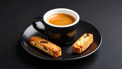 Fresh Espresso with Biscotti on Saucer
