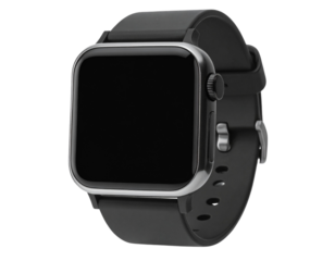Front View of Smartwatch with Black Silicone Strap and Blank Screen, Transparent Background