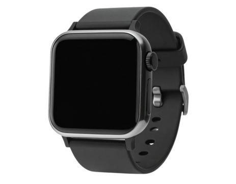 Front View of Smartwatch with Black Silicone Strap and Blank Screen, Transparent Background