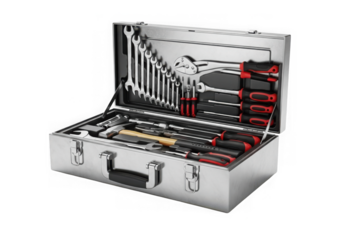 An open metal toolbox filled with tools is ready for any repair isolated on transparent background