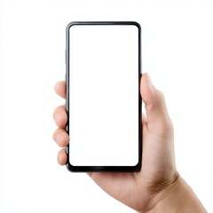 A hand holding a cell phone with a blank screen