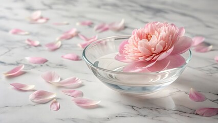 A pink peony in a glass bowl with petals scattered on a marble surface in a soft light setting