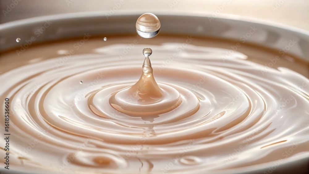 Poster close up of a liquid drop falling into a bowl creating ripples and a splash in the liquid surface
