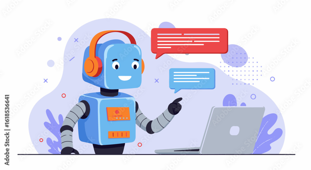 Poster a friendly robot with headphones using a laptop, interacting with text messages.