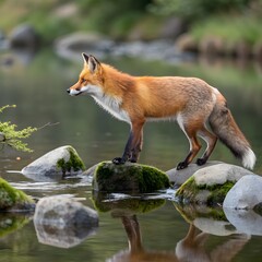 Fototapeta premium Beautiful red fox standing on a few stones over the water surface. Very focused on its prey. Pure natural wildlife photo. Ready to hunt.