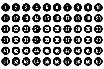 Number Bullet Icons in Circles 1–60.  Clean Vector Set for Info Design and Presentation Slides. simple bullet point number icon set.