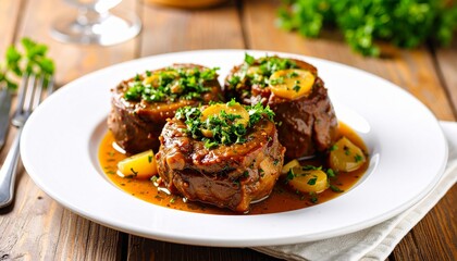 Braised Beef Medallions with Vegetables and Herb Sauce