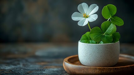 Fototapeta premium A flourishing plant with white flowers in a ceramic pot on a wooden surface