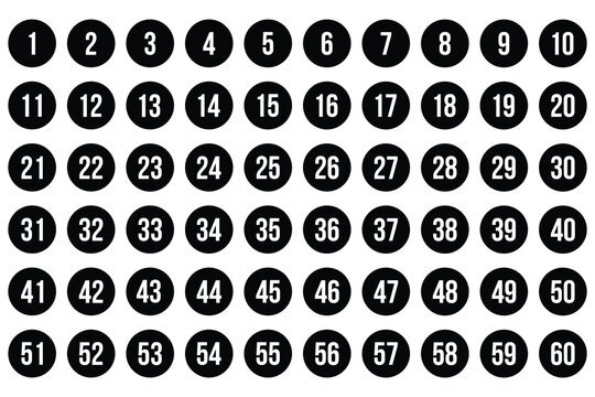 Number Bullet Icons in Circles 1–60.  Clean Vector Set for Info Design and Presentation Slides. simple bullet point number icon set.