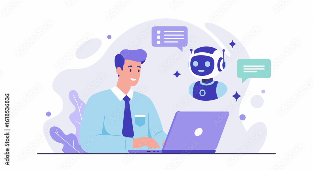 Poster a smiling man is interacting with a chatbot on a laptop, exchanging messages.