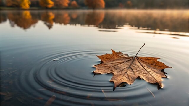 A single autumn leaf floating on a calm lake creating ripples in the water on a misty morning