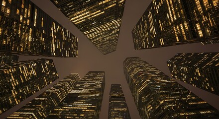 Worm's eye view of illuminated skyscrapers at night with a dark sky in the background