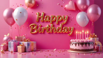 Happy Birthday Celebration with Cake and Balloons. Birthday Cake with Candles and Presents. Pink and Gold Birthday Party Background
