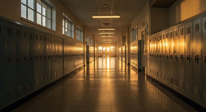 An empty school hallway with lockers illuminated by warm golden sunlight from a distant window. - Powered by Adobe