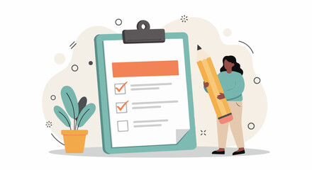 A woman holding a pencil and checking off items on a clipboard.