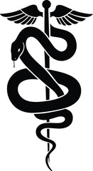 Black Caduceus medical symbol vector illustration, ideal for healthcare, medicine, or pharmacy designs, featuring the classic staff with two intertwined snakes and wings.