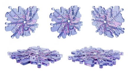 Digital snowflake circuit models arranged against white background Simulating data computer technology and winter design