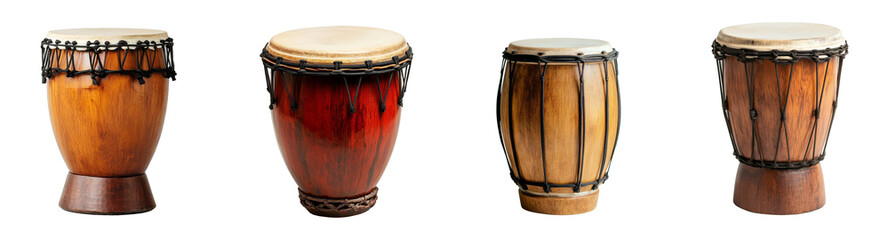 Collection of tall wooden tribal hand drums isolated on transparent background