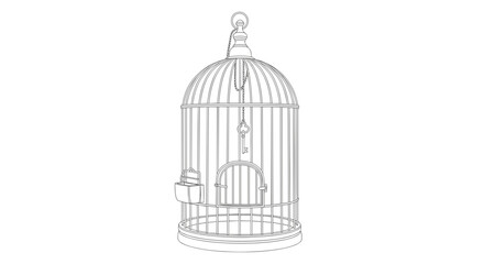 Empty birdcage with lock and perch on white background