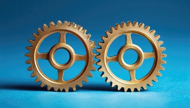 Two golden gears on a blue surface