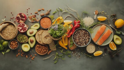 A colorful array of healthy food ingredients is arranged on a table