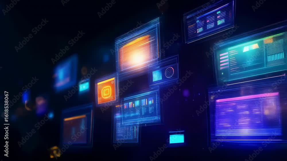 Poster multiple holographic displays with data visualization, glowing blue and purple interface panels floa