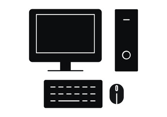 Desktop computer setup silhouette – pc monitor, keyboard, mouse and tower icon – black and white clipart for technology, hardware, office and it design projects.