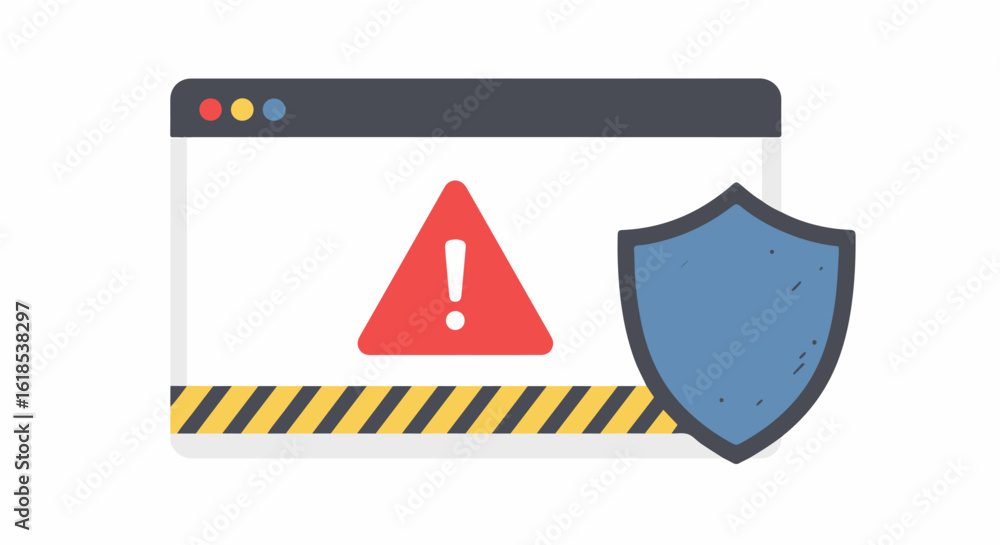 Poster illustration of a browser window displaying a warning sign and a shield, symbolizing online security