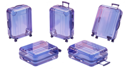 Five transparent rolling suitcases in various angles showcasing empty space for travel or lifestyle visuals isolated on white background