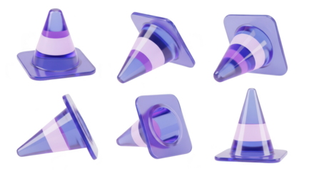 Purple transparent safety cones in different positions on a white backdrop suitable for illustrating construction traffic or warnings