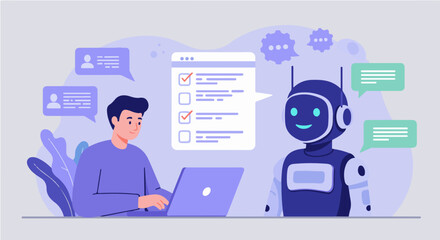 A man working on a laptop interacts with a friendly robot, discussing a checklist.