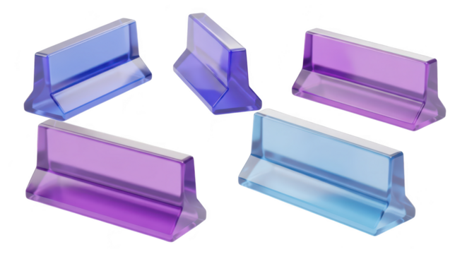 Acrylic display holders in shades of blue and purple against a plain white backdrop ready for product showcase or labeling