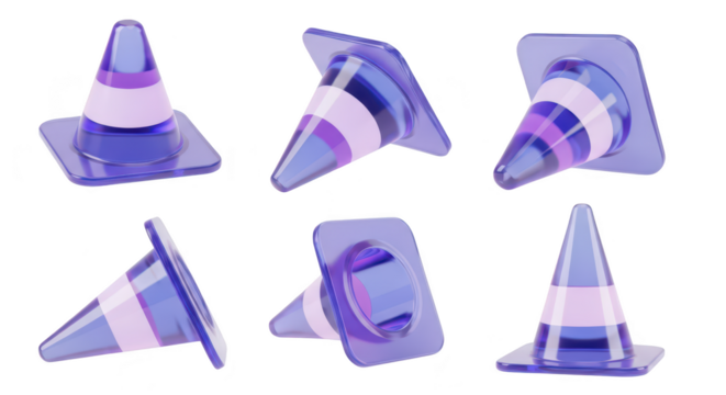Purple transparent safety cones in different positions on a white backdrop suitable for illustrating construction traffic or warnings