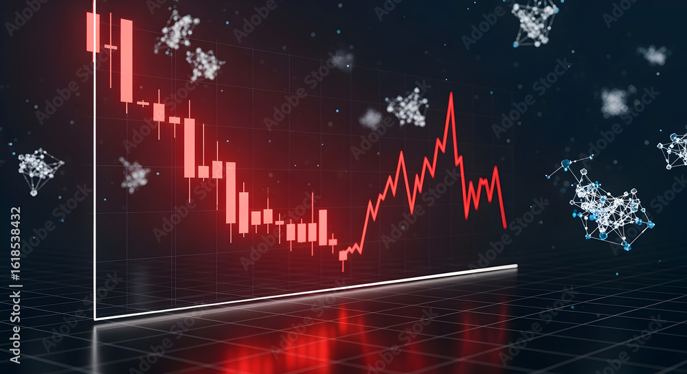 Poster red downward stock market chart on dark blue background with grid reflection and digital patterns