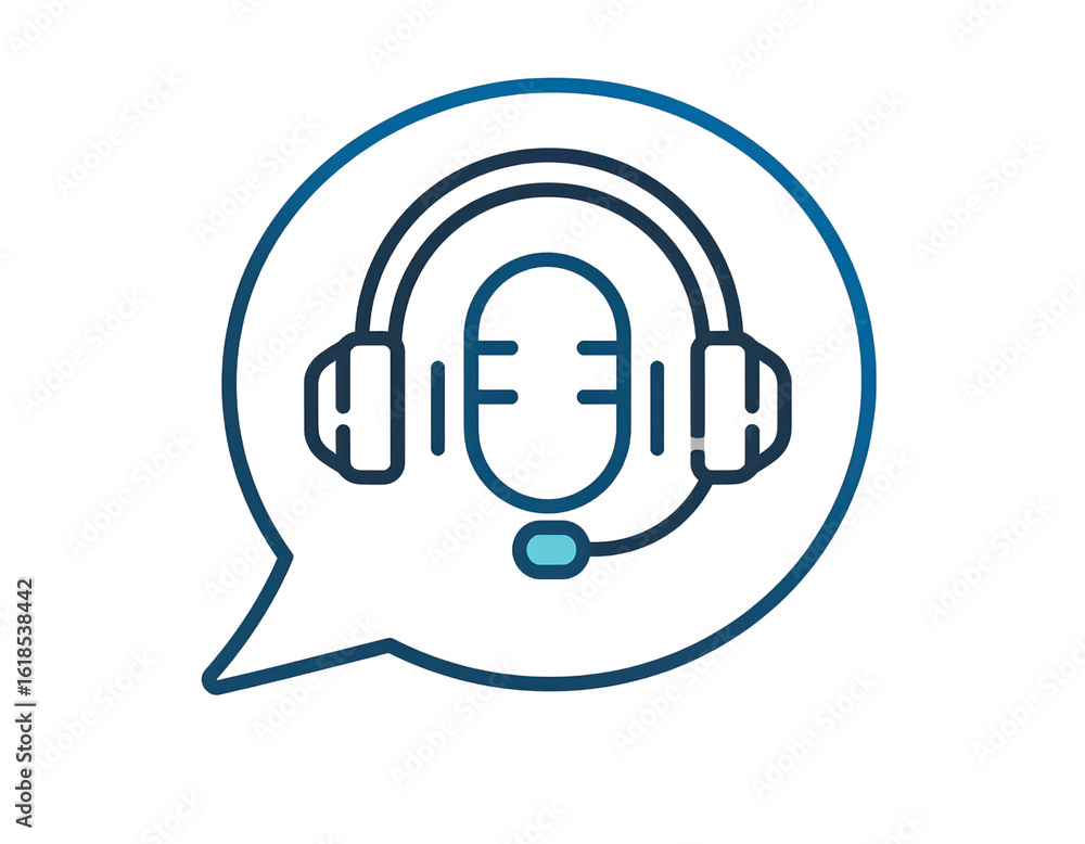 Poster call center and support ui icon – outline style headset mic symbol in speech bubble.