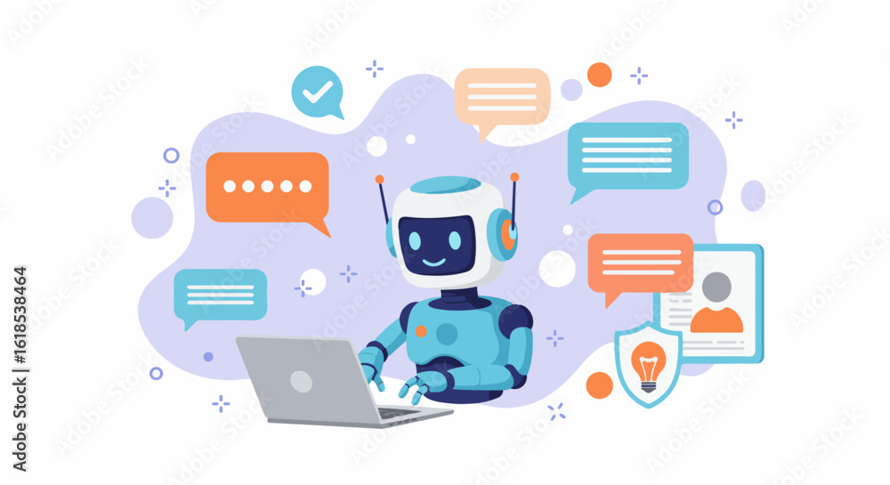 Poster a friendly robot interacts with a laptop, surrounded by communication bubbles and user data, suggest