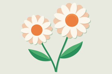 Two simple daisy flowers with orange centers and green leaves on a light background