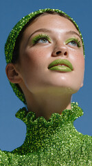 Green makeup Model in Shimmer Dress on Glitter Background for Nightlife Ads