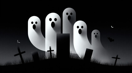 A graveyard scene at night, featuring several translucent, white ghosts ,a dark tombstone. a Halloween-themed design. The atmosphere is mysterious and spooky, for a Halloween or haunted image. 