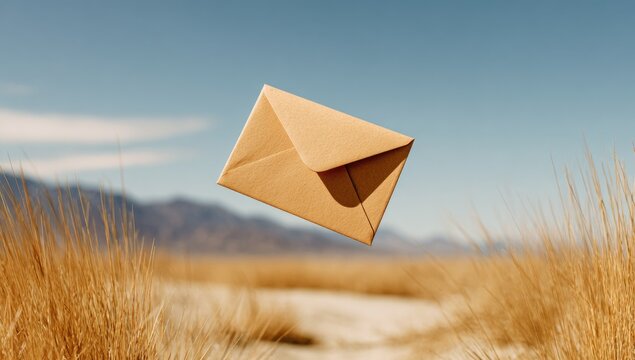 Beige envelope floats in desert landscape